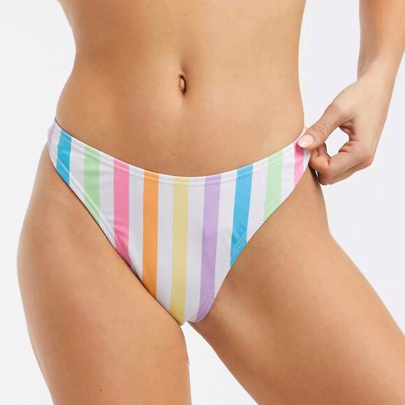 South Beach US8 Textured Bikini Pastel Stripe One Shoulder High Cut Swimsuit - Picture 4 of 12